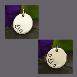 Disc Charms with Etched Hearts, Sterling Silver
