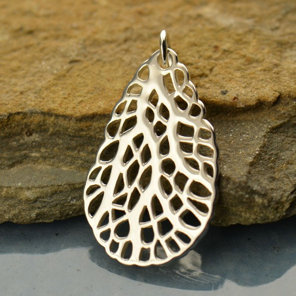 Sterling Silver Teardrop Sea Fan Charm - C1078, Nautical, Beach, Ocean, Sealife