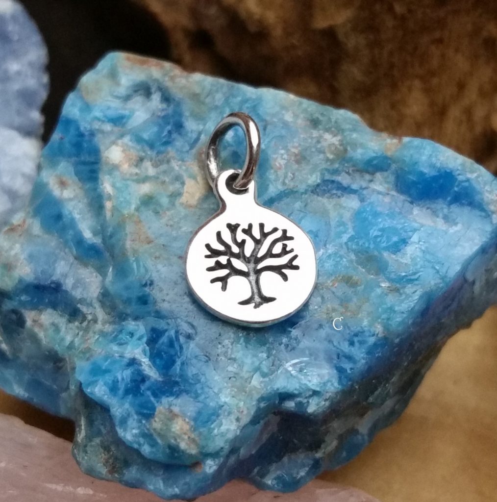 Etched Tree Charm = Tree of Life, Sterling Silver