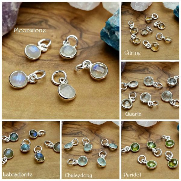 Gemstone Bezel Charms 6mm  - Dangle Charms, Labradorite, Moonstone, Citrine, Quartz, Chalcedony, Peridot