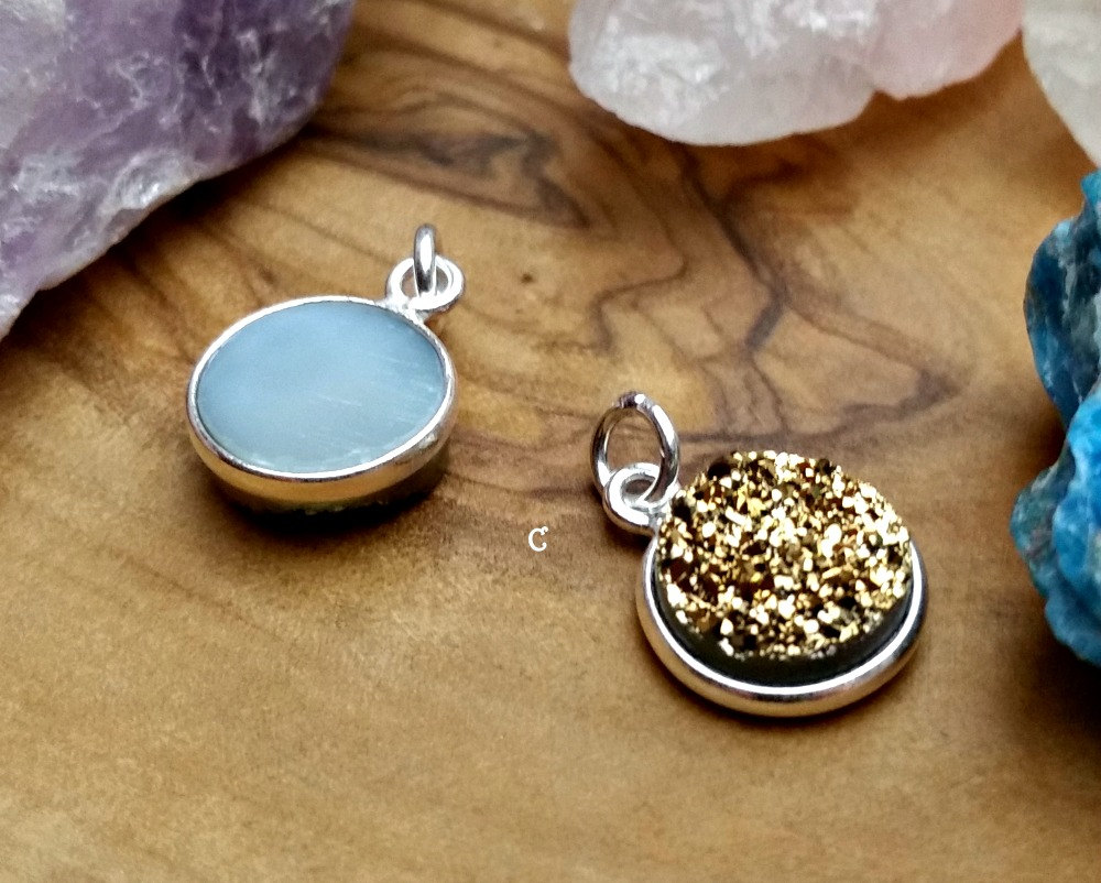 Druzy Pendant Charm 11mm Gold Round Sterling Silver Bezel