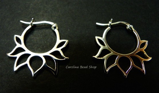 Sterling Silver Hoop Earrings with Lotus Petal Design - Earring Findings, Hoop Earrings, Flowers, CT652