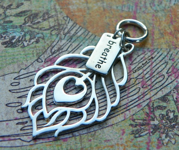 Just Breathe Pendant  - Feather, Bird Wing, Stamped Word Charms