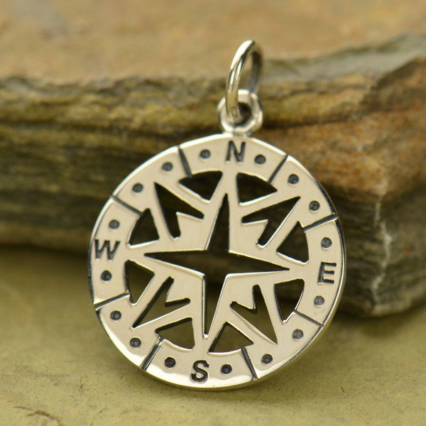 Sterling Silver Compass Pendant - C1450, Nautical, Wind, Charts, Maps