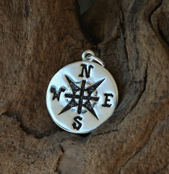 Large Compass Charm Sterling Silver  - C7429,  Nautical & Sealife Charms, Wind, Charts, Maps