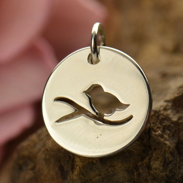 Sterling Silver Bird Charm - C870, Bird on a Branch, Woodlands