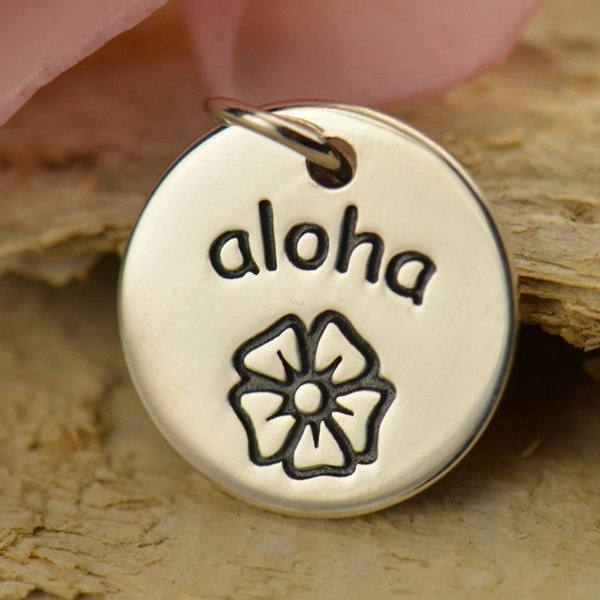 Sterling Silver Aloha Disc Charm, C1489, Hawaii, Flowers, Beach, Greetings