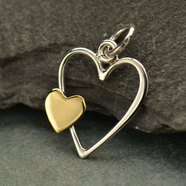 Open Heart with Bronze Heart Charm  -  C2972, Sterling Silver, Open Heart