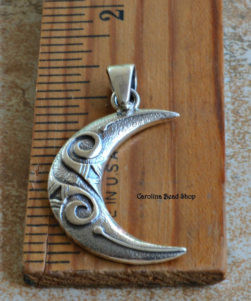 Crescent Moon Large Sterling Silver Pendant - Celestial Collection, Spiral Swirls