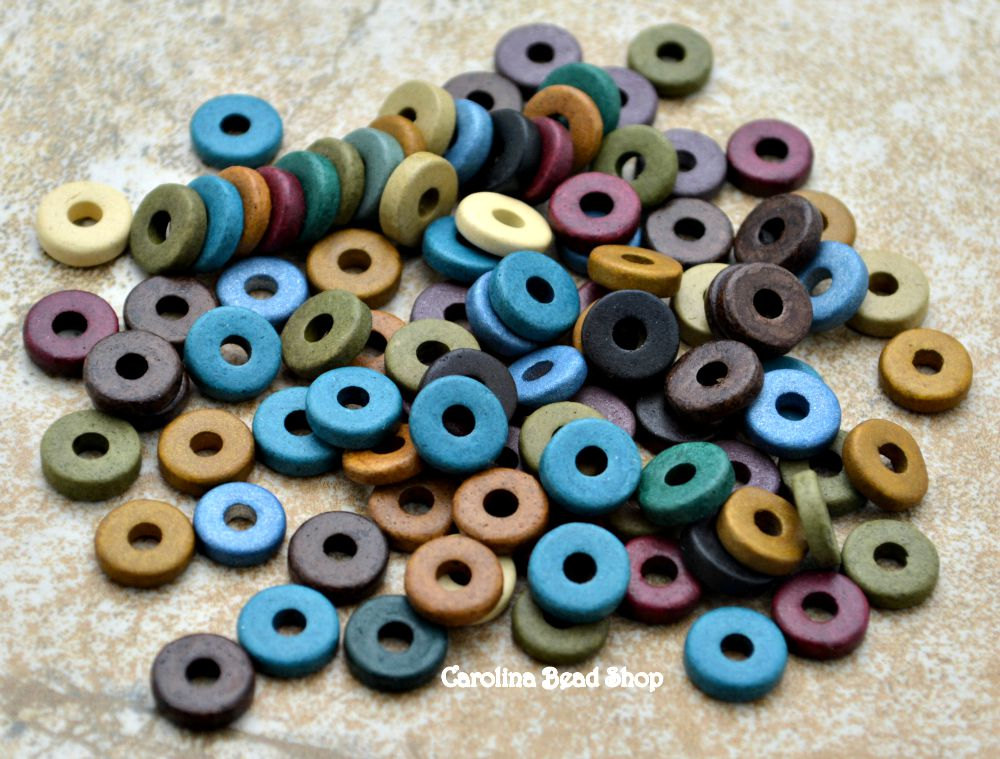 50 Mykonos 8mm Round Washer - Earthy Assortment - Greek Ceramic Beads - Spacer Disc
