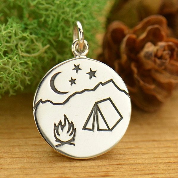 Campfire Mountain Scene Pendant Sterling Silver - C1643, Bonfire, Hiking, Nature, Scouting, Celestial