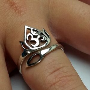 Sterling Silver Lotus and Om Adjustable Ring