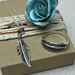 Sterling Silver Feather Ring & Necklace Set