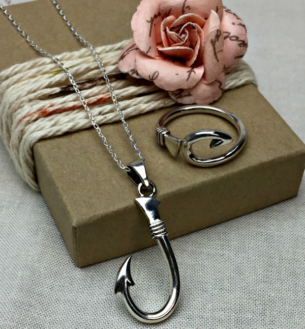 Sterling Silver Fish Hook Ring & Necklace Set 