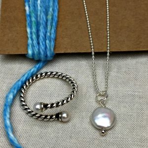 Sterling Silver Adjustable Pearl Ring & Coin Pearl Necklace Set