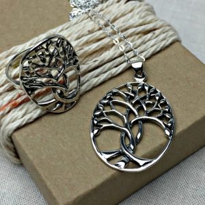 Sterling Silver Winding Tree Ring & Necklace Set