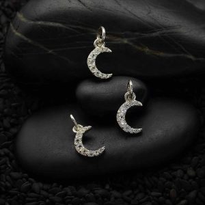 Sterling Silver Moon Charm with Clear Nano Gems 14x7mm, A6471