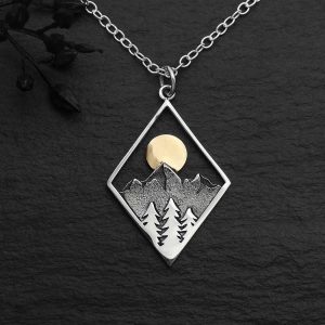 Sterling Silver Mountain Necklace with Bronze Sun, NA4156