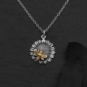 Sterling Silver Sunflower Necklace with Bronze Bee - NS6423
