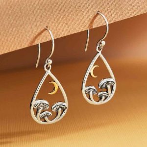 Silver Mushrooms in Teardrop with Bronze Moon Earrings