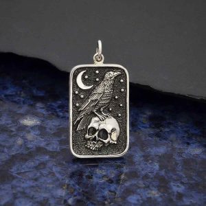 raven sitting on a skull pendant with crescent moon