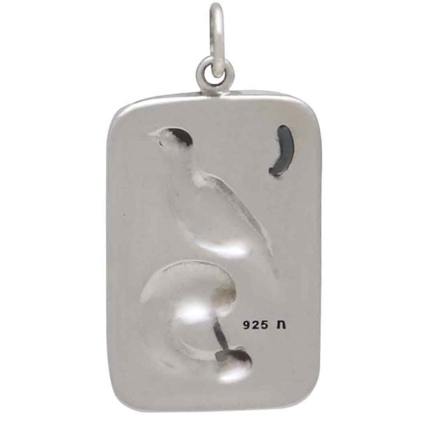 raven sitting on a skull pendant with crescent moon. Backside of pendant.